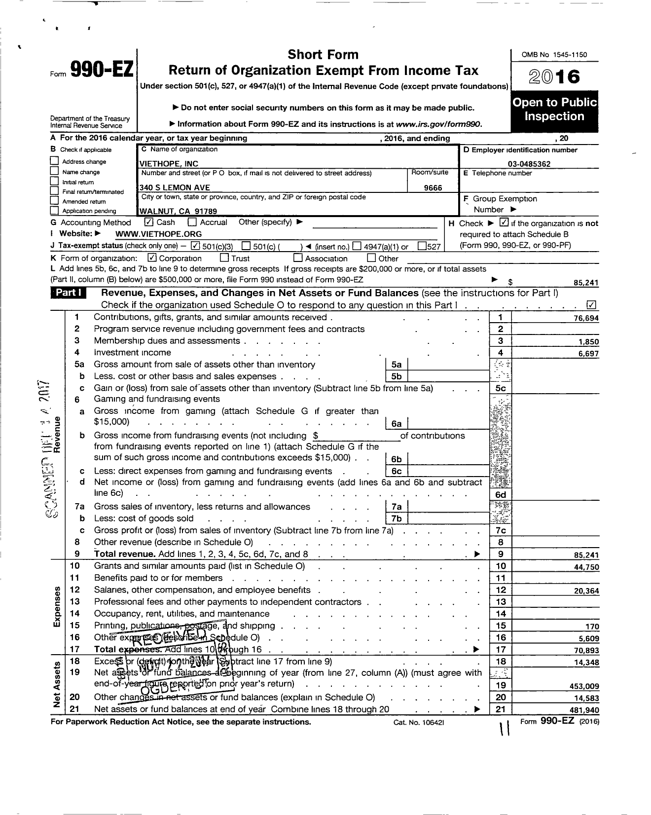 Image of first page of 2016 Form 990EZ for Viethope