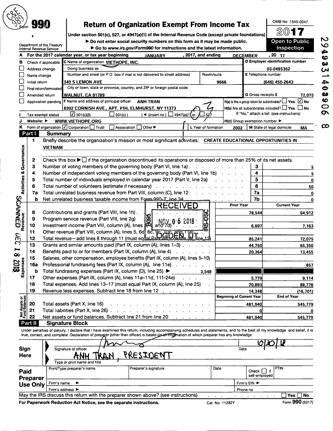 Image of first page of 2017 Form 990 for Viethope