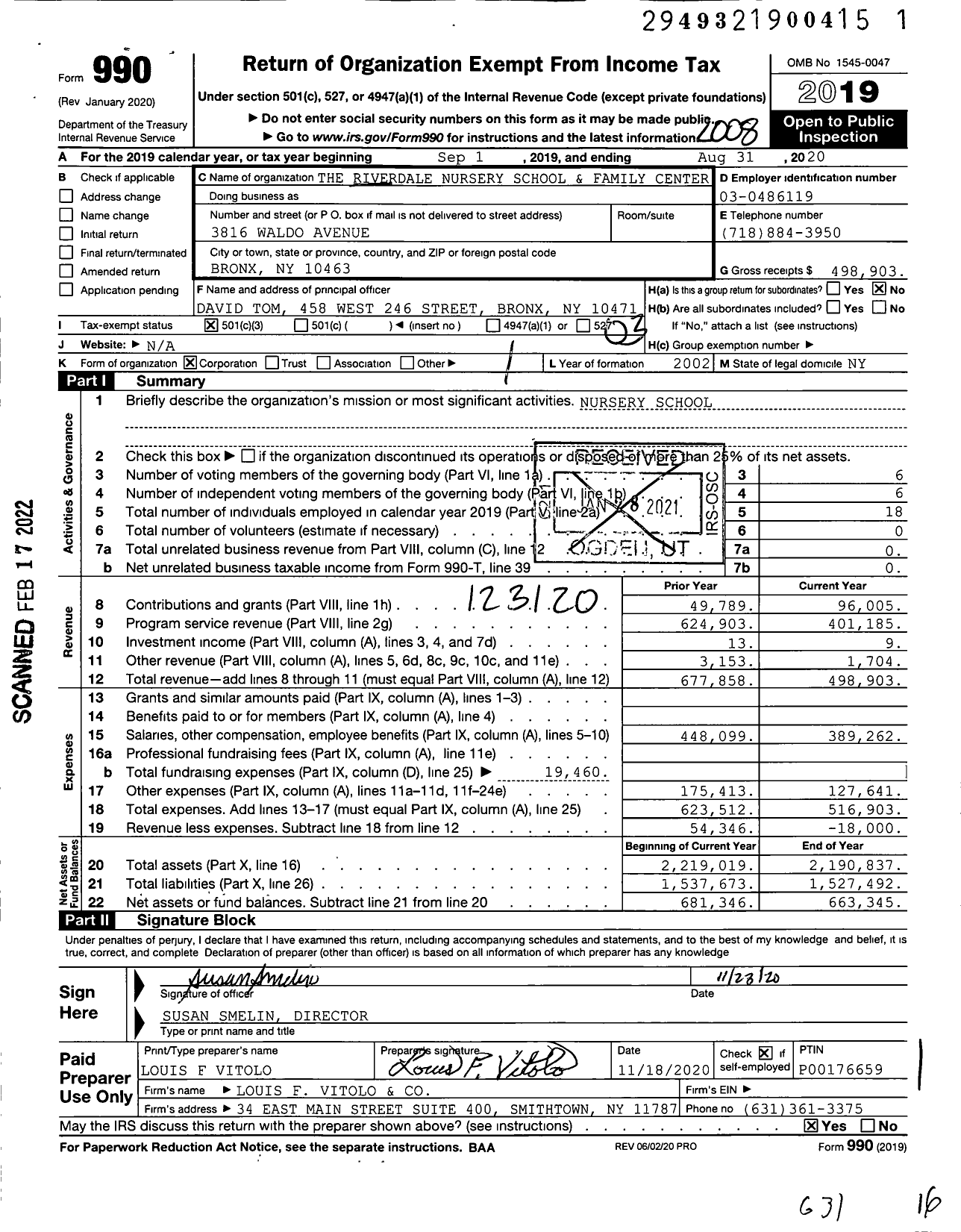 Image of first page of 2019 Form 990 for Riverdale Nursery School and Family Center (RNSFC)