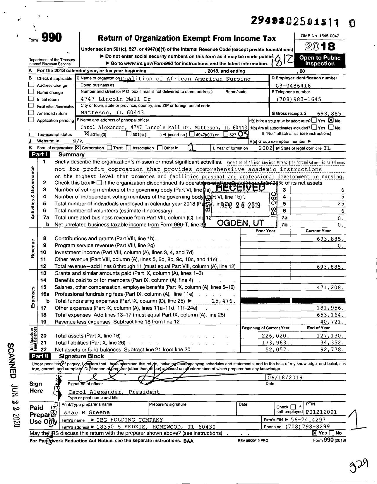 Image of first page of 2018 Form 990 for Coalition of African American Nursing