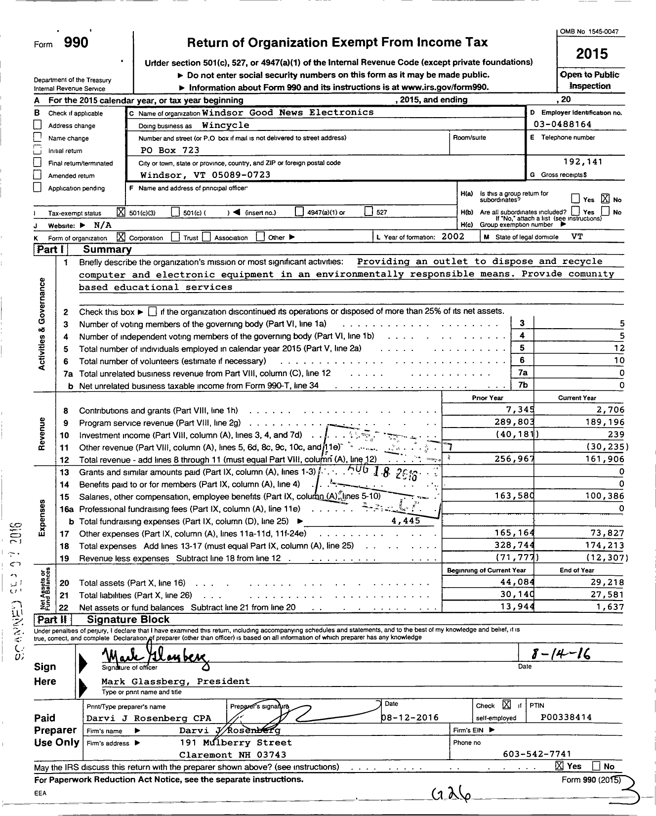 Image of first page of 2015 Form 990 for Windsor Good News Electronics