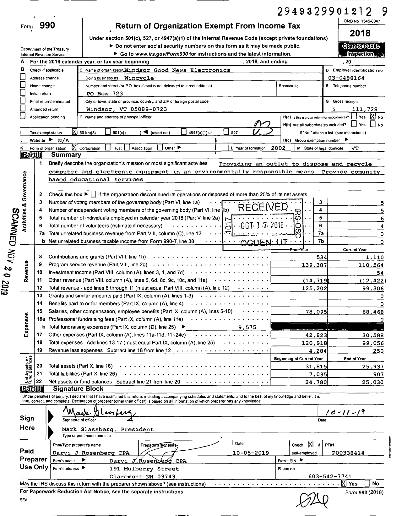 Image of first page of 2018 Form 990 for Windsor Good News Electronics