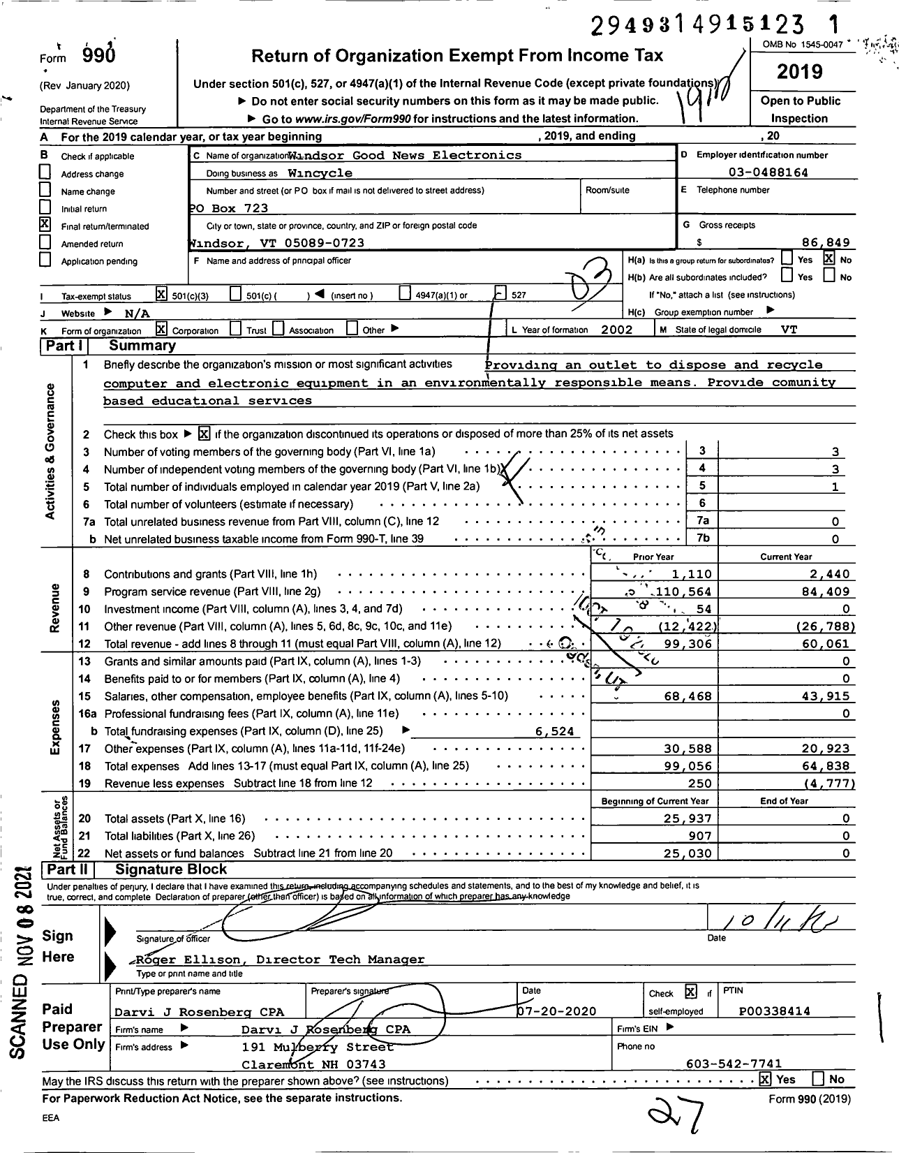 Image of first page of 2019 Form 990 for Windsor Good News Electronics