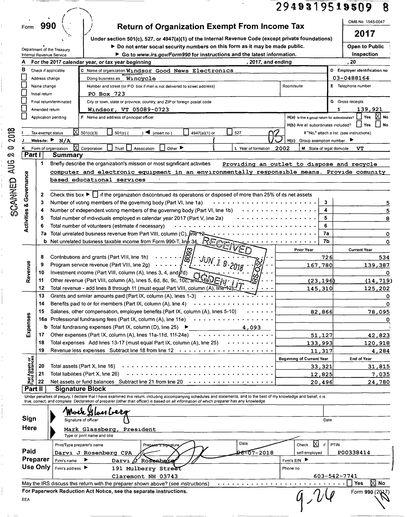 Image of first page of 2017 Form 990 for Windsor Good News Electronics