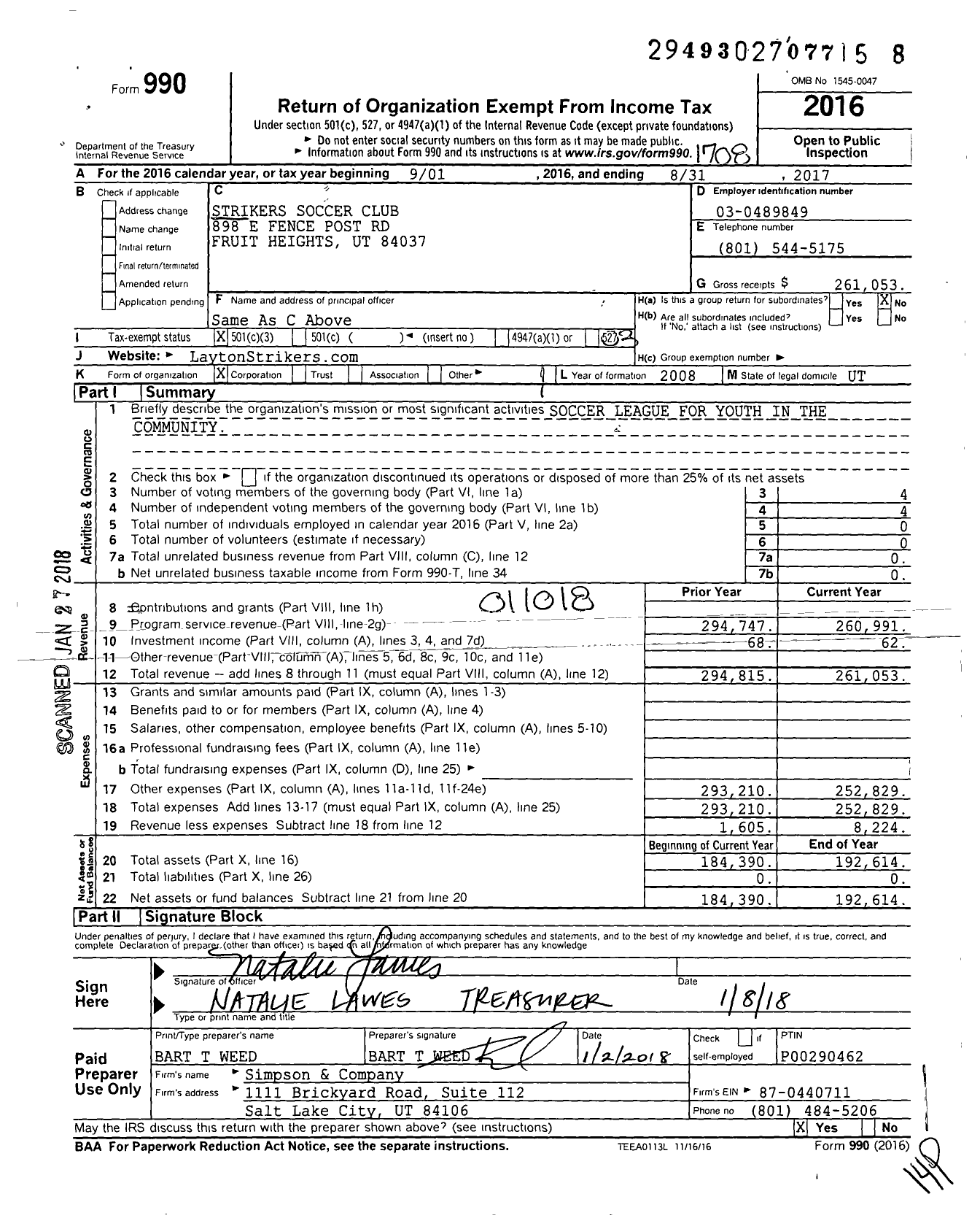 Image of first page of 2016 Form 990 for Strikers Soccer Club