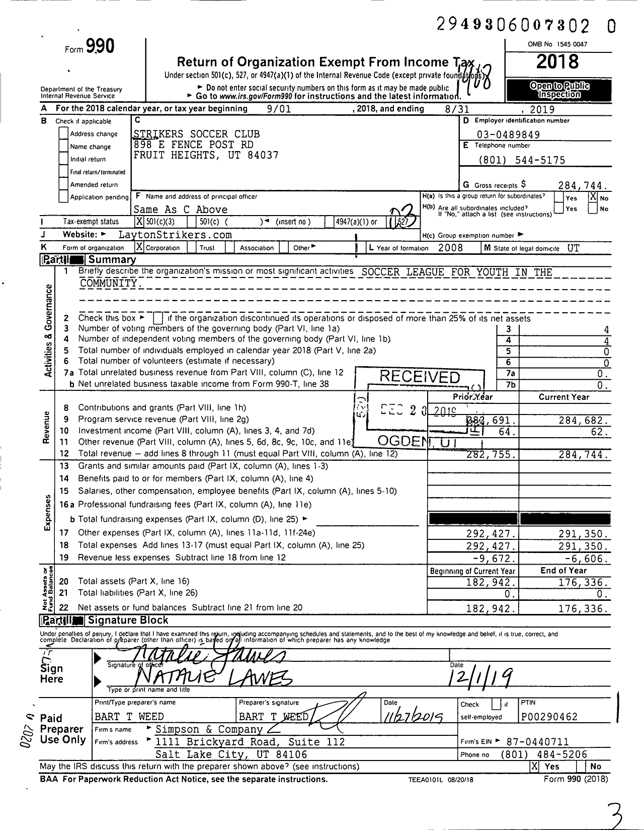Image of first page of 2018 Form 990 for Strikers Soccer Club