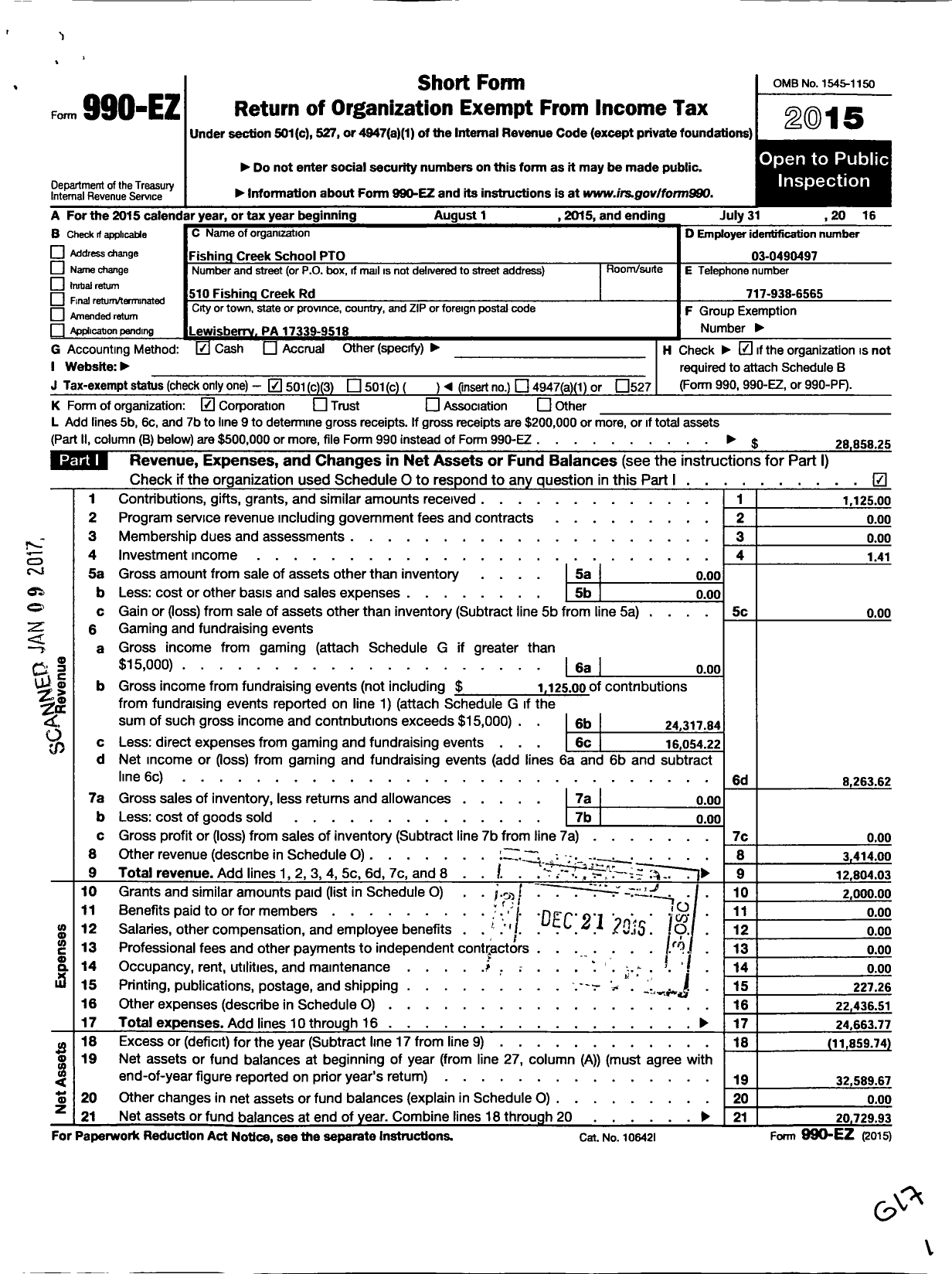 Image of first page of 2015 Form 990EZ for Fishing Creek School Pto