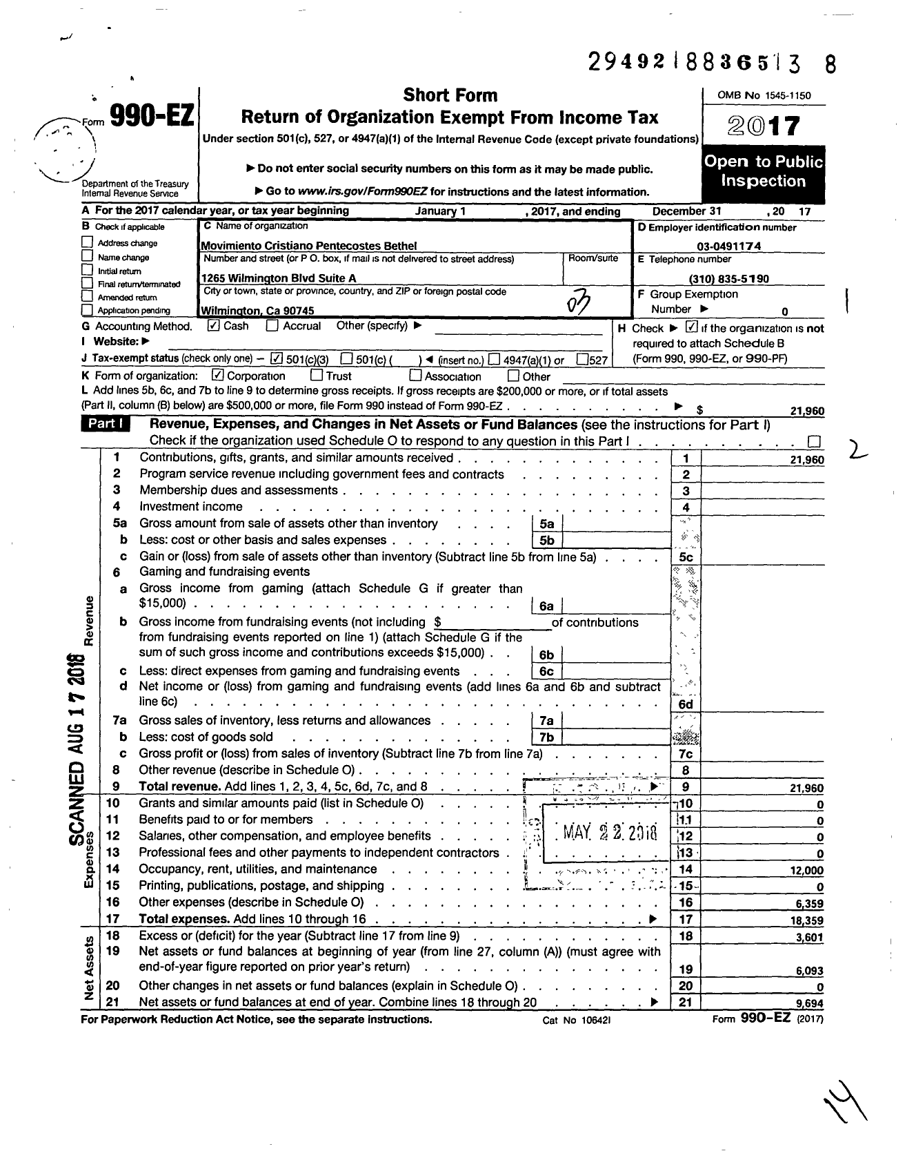 Image of first page of 2017 Form 990EZ for Movimiento Cristiano Pentecostes Bethel