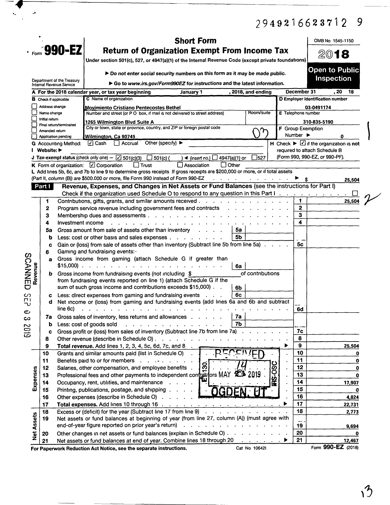 Image of first page of 2018 Form 990EZ for Movimiento Cristiano Pentecostes Bethel