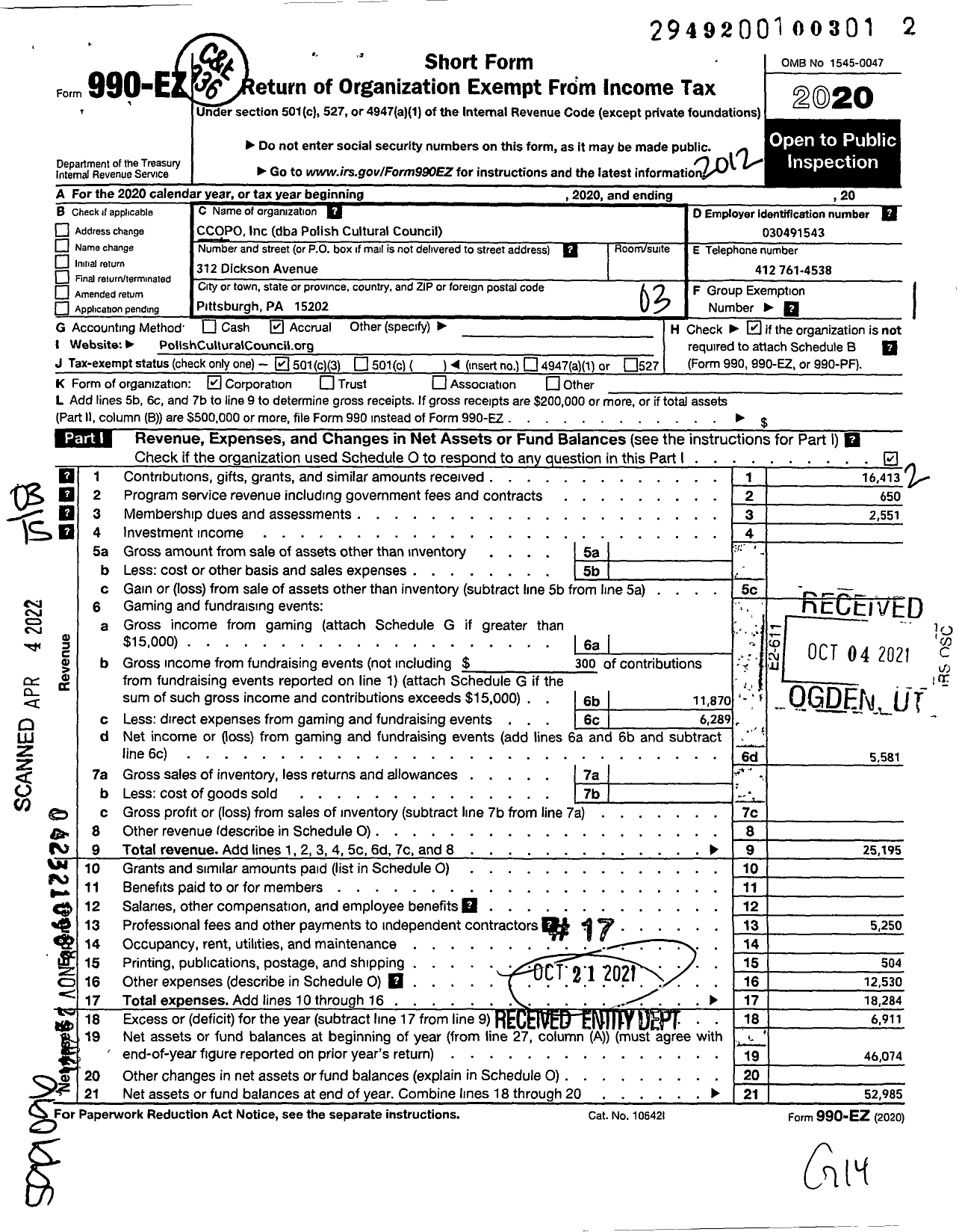 Image of first page of 2020 Form 990EZ for Ccopo