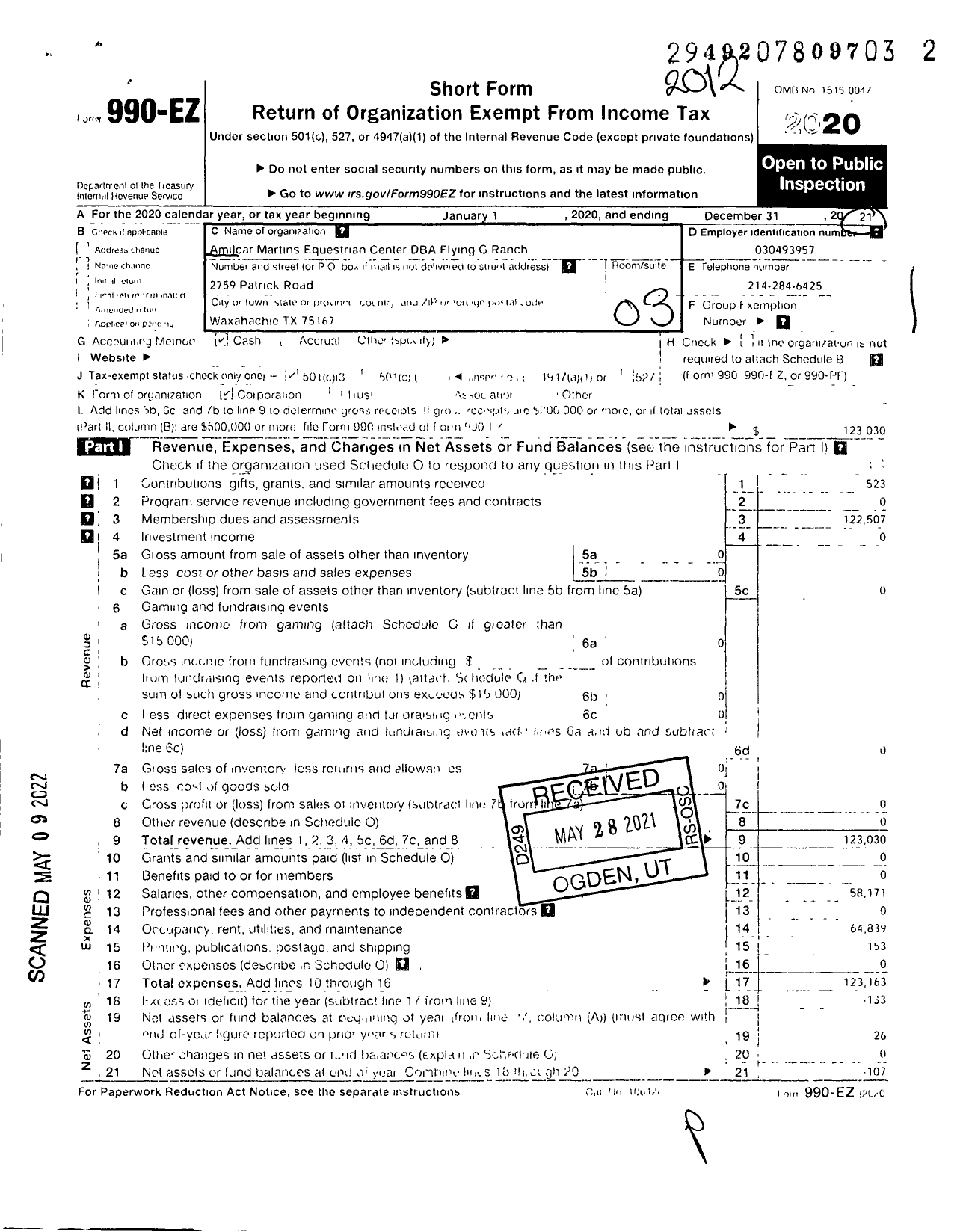 Image of first page of 2020 Form 990EZ for Amilcar Martins Equestrian Center