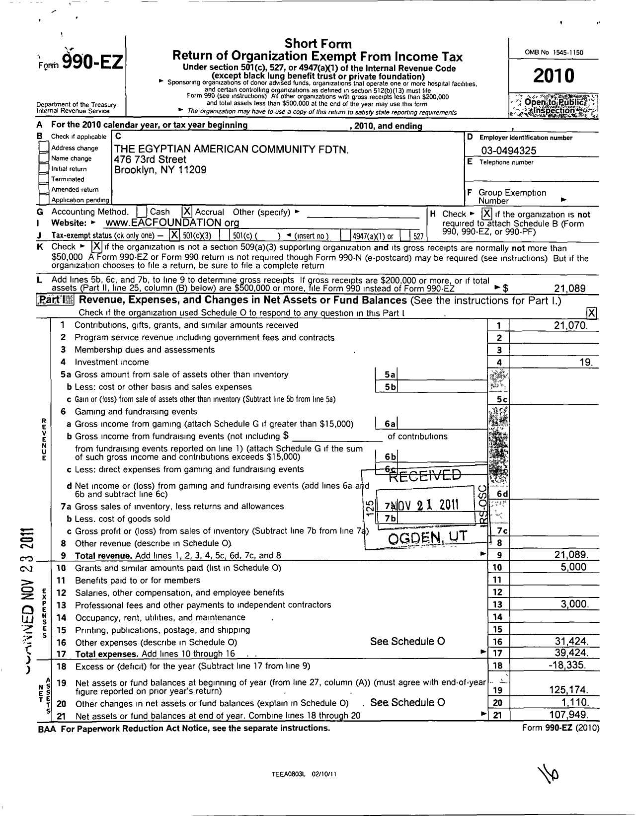 Image of first page of 2010 Form 990EZ for Egyptian American Community Foundation