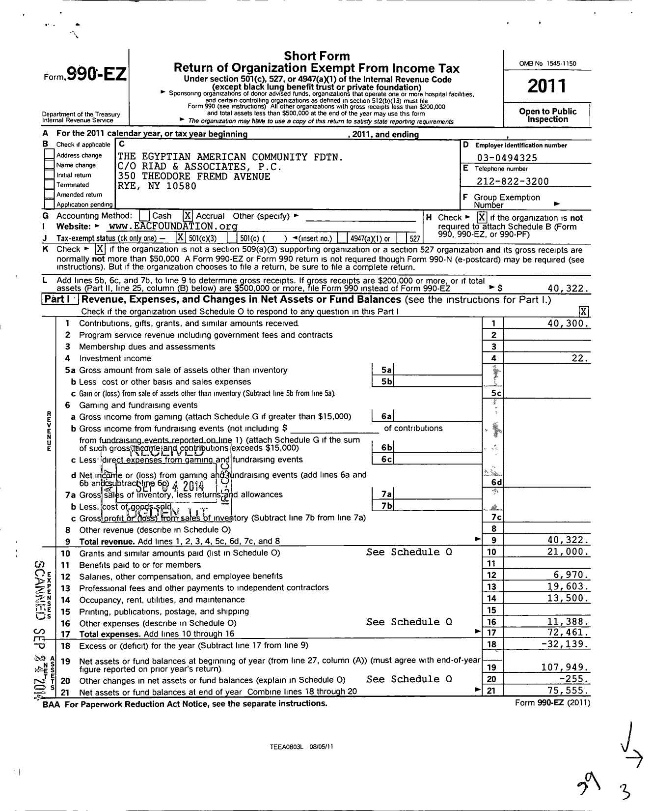 Image of first page of 2011 Form 990EZ for Egyptian American Community Foundation