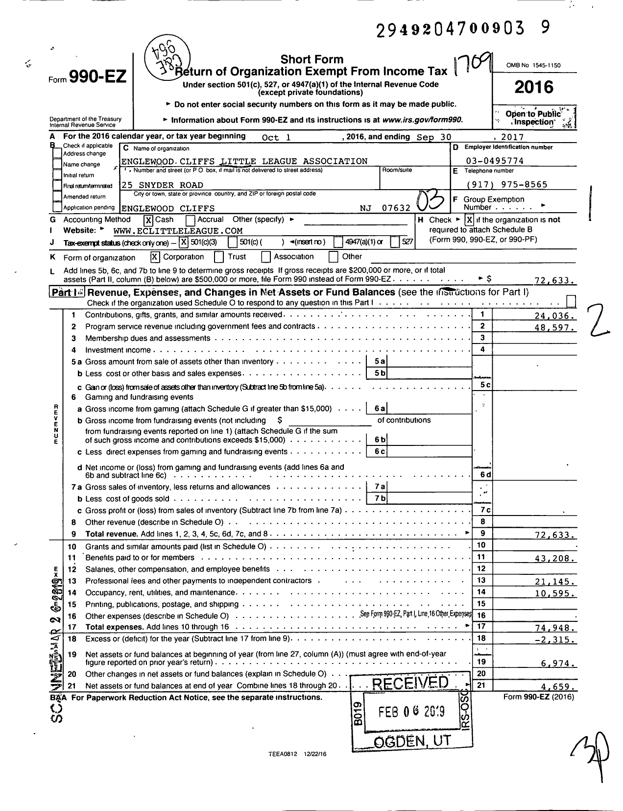 Image of first page of 2016 Form 990EZ for Little League Baseball - 2300612 Englewood Cliffs LL