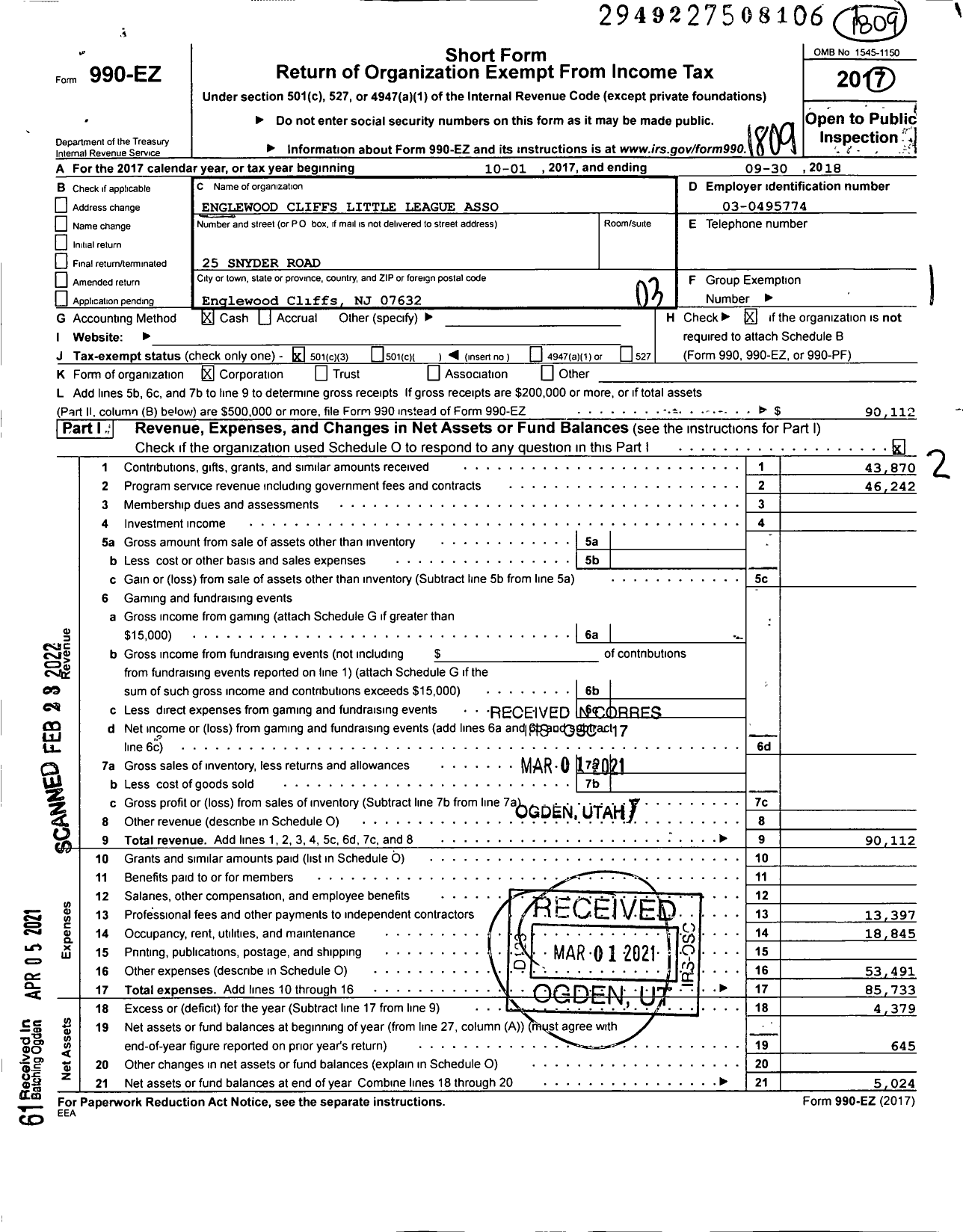 Image of first page of 2017 Form 990EZ for Little League Baseball - 2300612 Englewood Cliffs LL