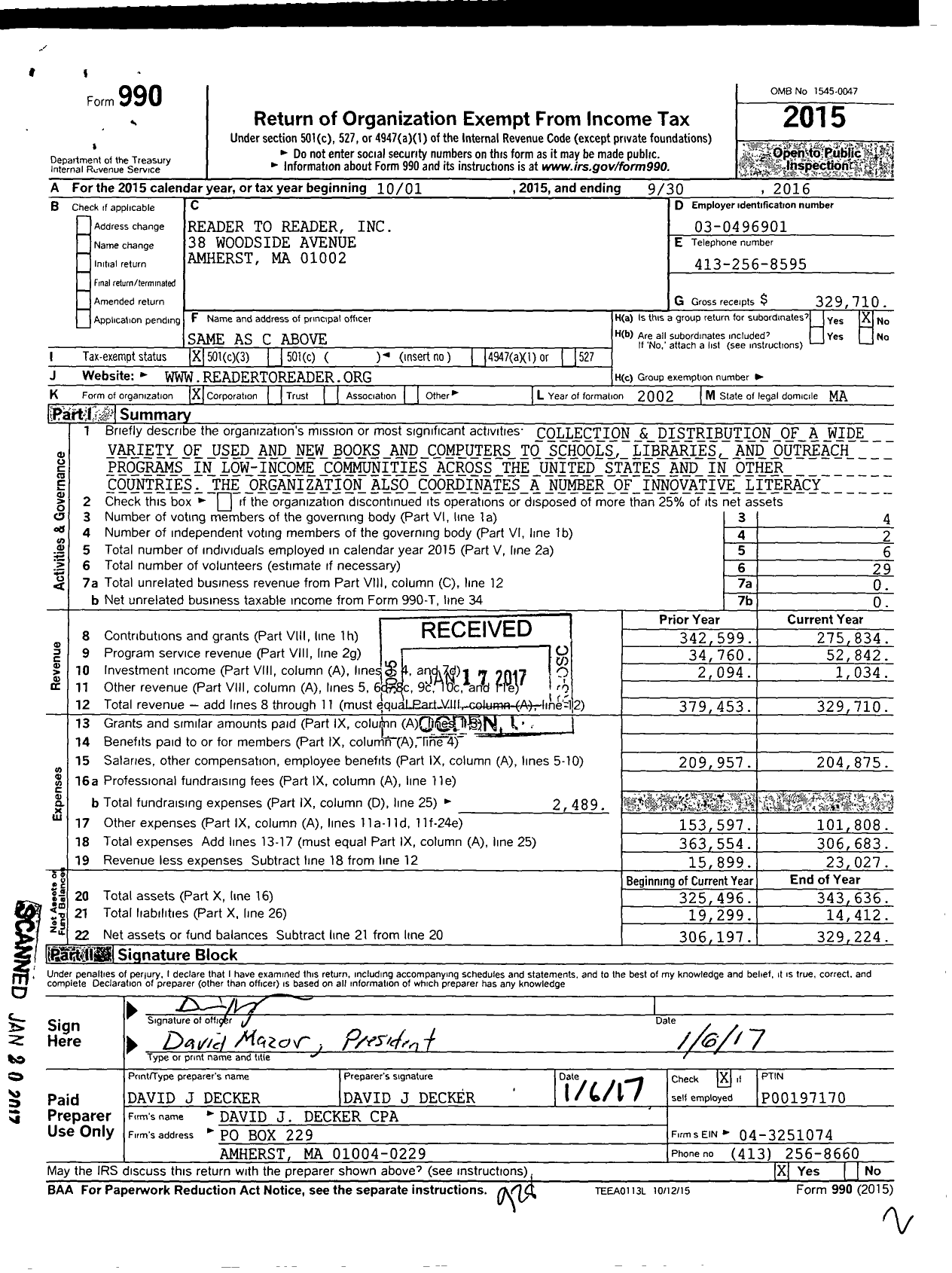 Image of first page of 2015 Form 990 for Reader To Reader