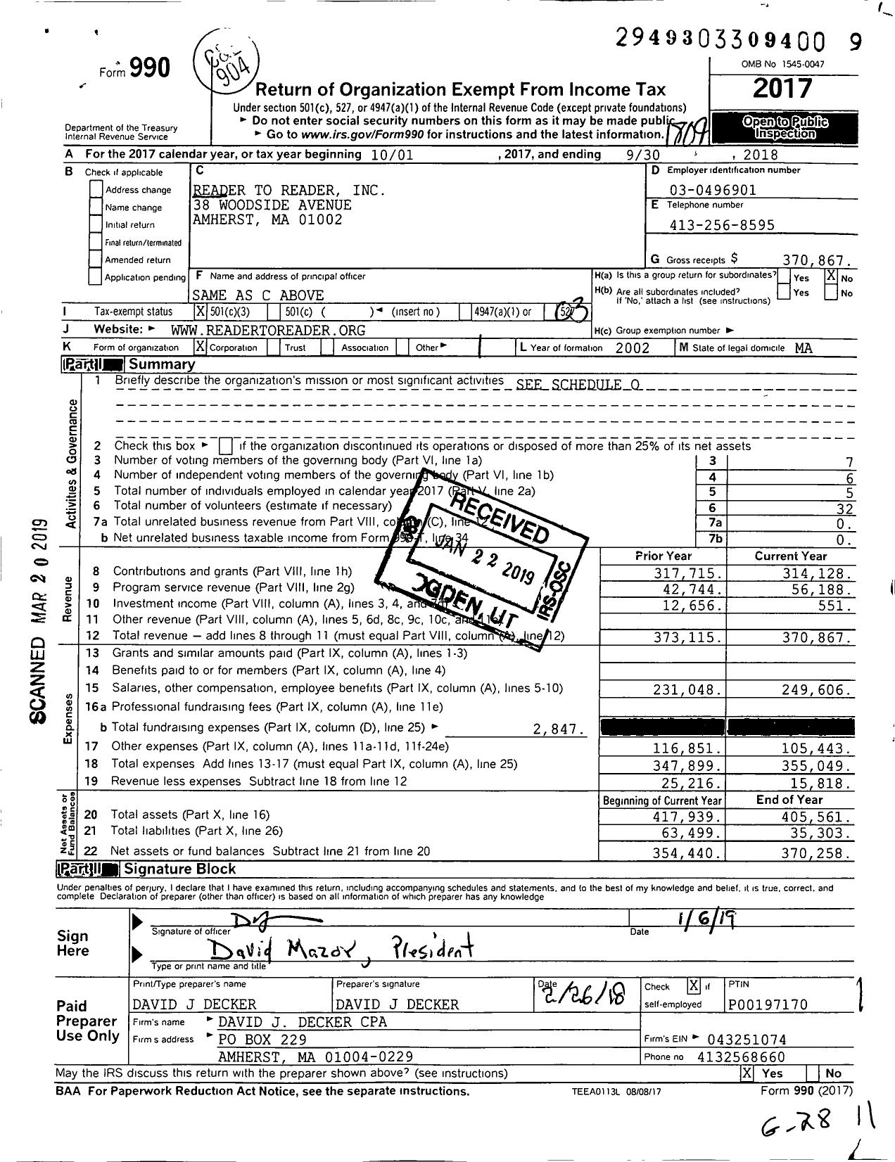 Image of first page of 2017 Form 990 for Reader To Reader