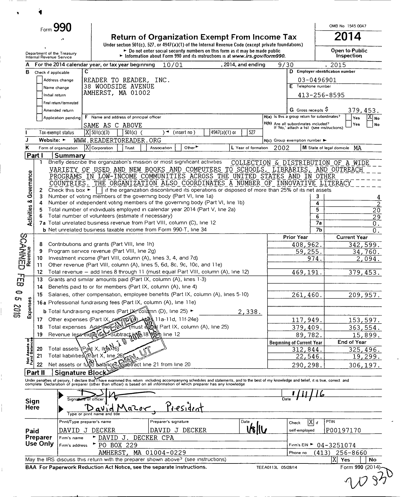 Image of first page of 2014 Form 990 for Reader To Reader
