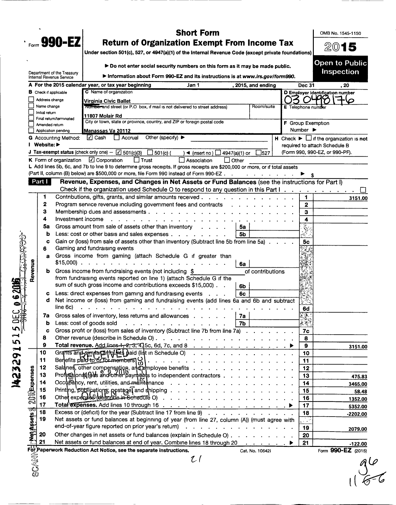 Image of first page of 2015 Form 990EZ for Ardent Dance Company