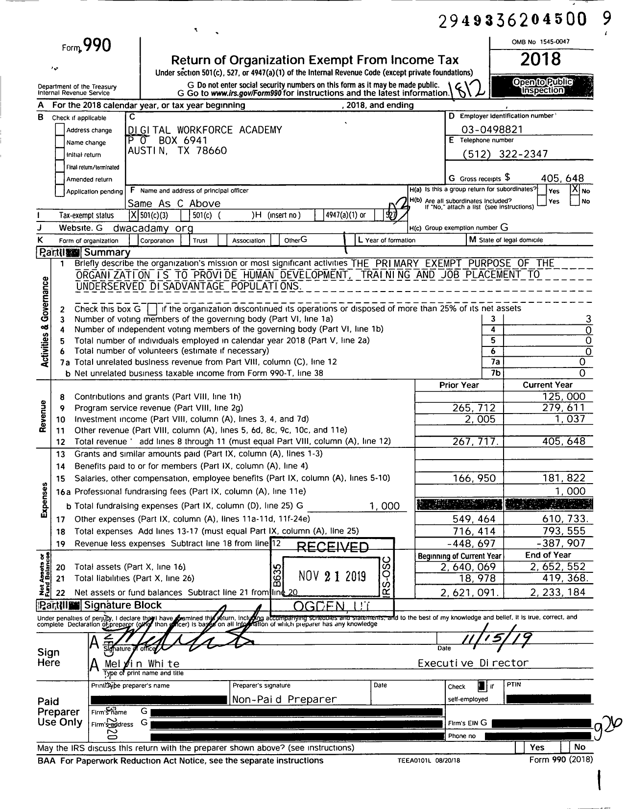 Image of first page of 2018 Form 990 for Digital Workforce Academy