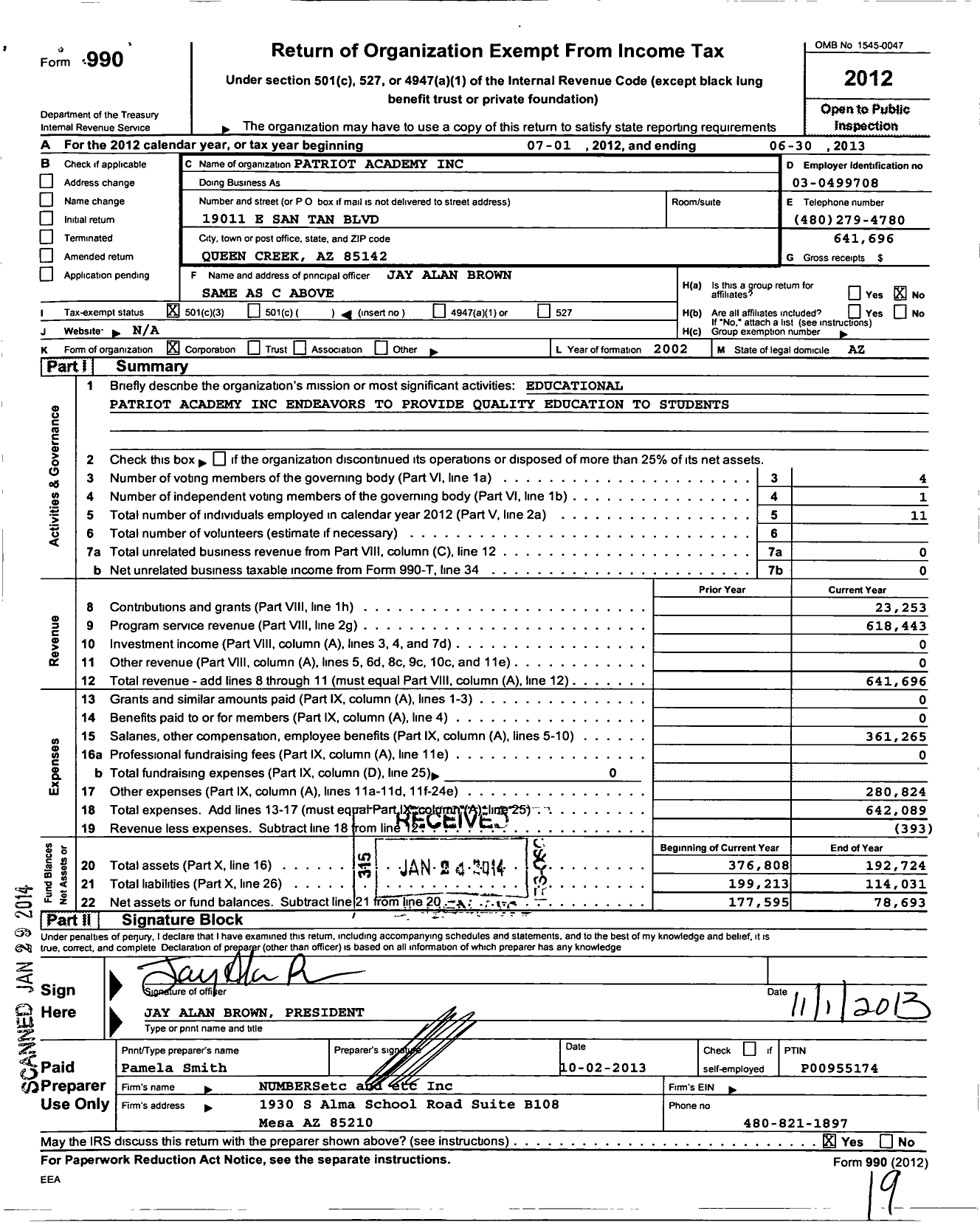 Image of first page of 2012 Form 990 for Patriot Academy