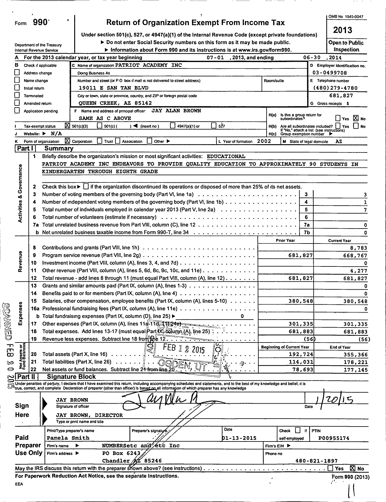 Image of first page of 2013 Form 990 for Patriot Academy