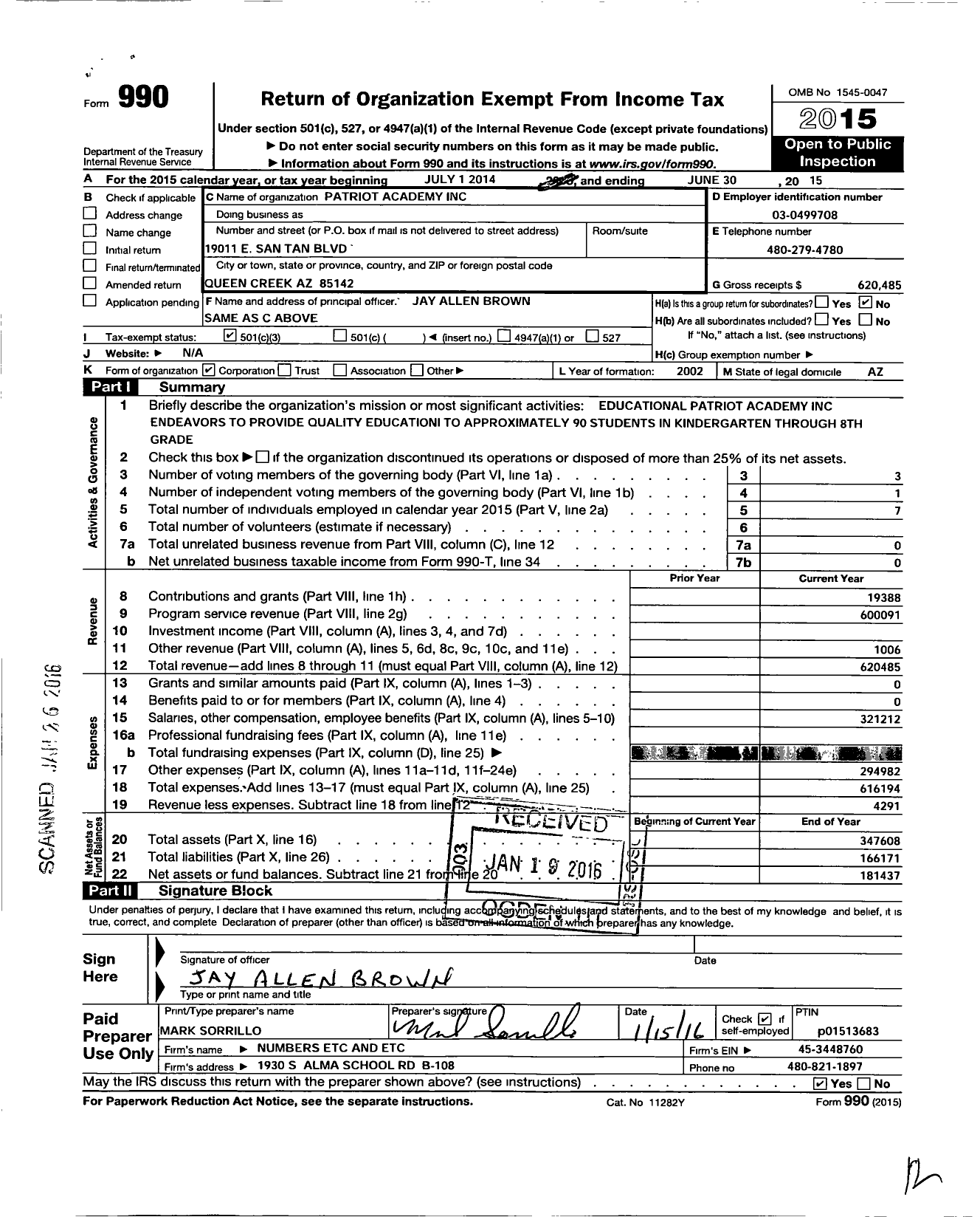 Image of first page of 2014 Form 990 for Patriot Academy