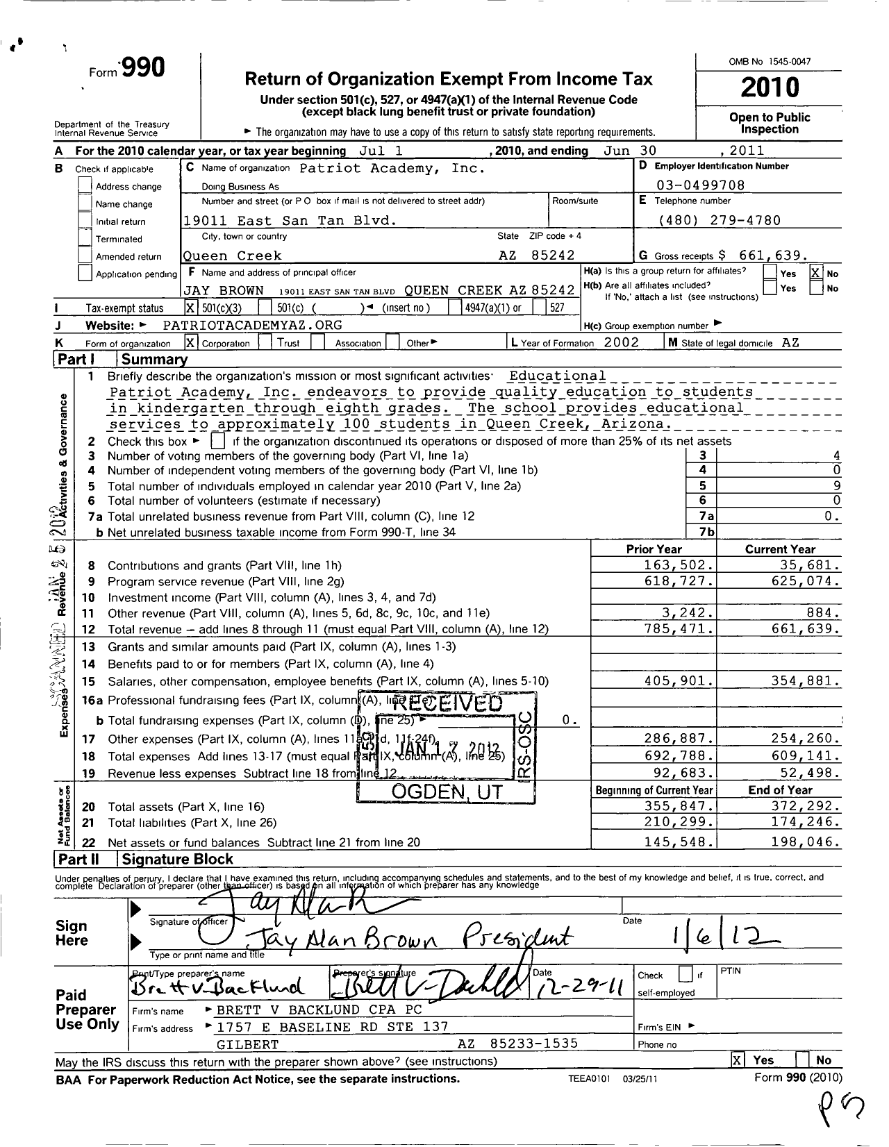 Image of first page of 2010 Form 990 for Patriot Academy