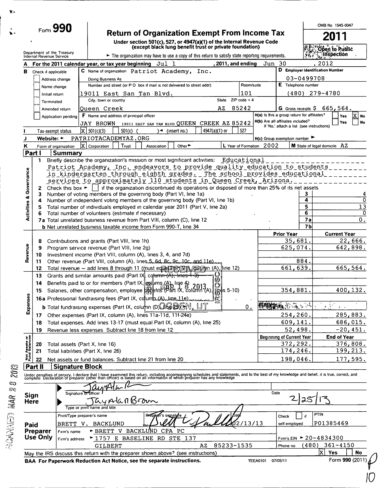 Image of first page of 2011 Form 990 for Patriot Academy