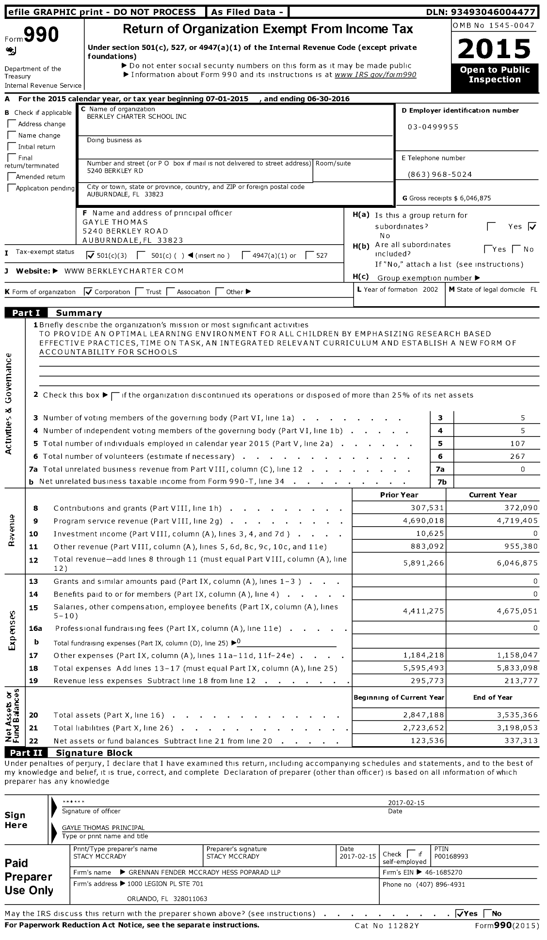 Image of first page of 2015 Form 990 for Berkley Charter School (BCS)