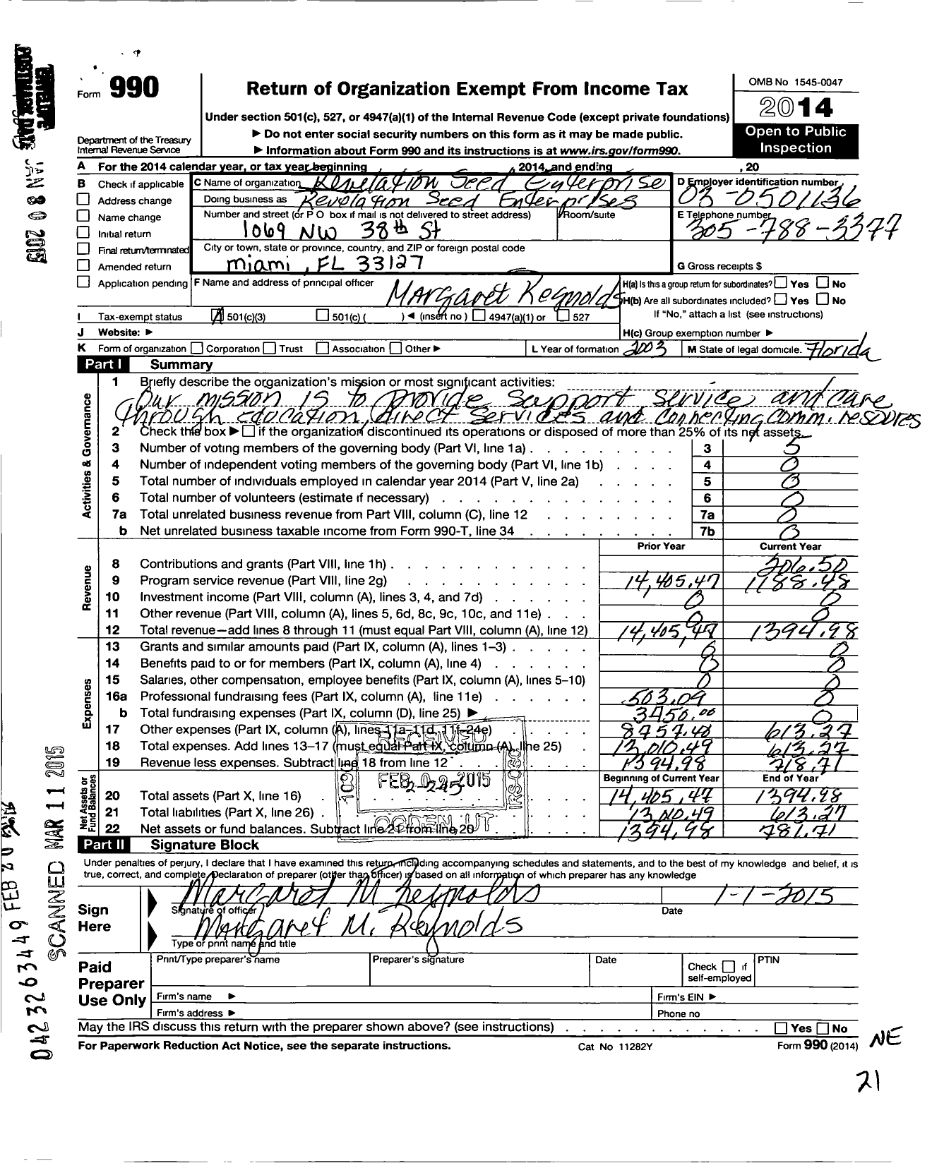 Image of first page of 2014 Form 990 for Revelation S E E D Enterprises Corporation