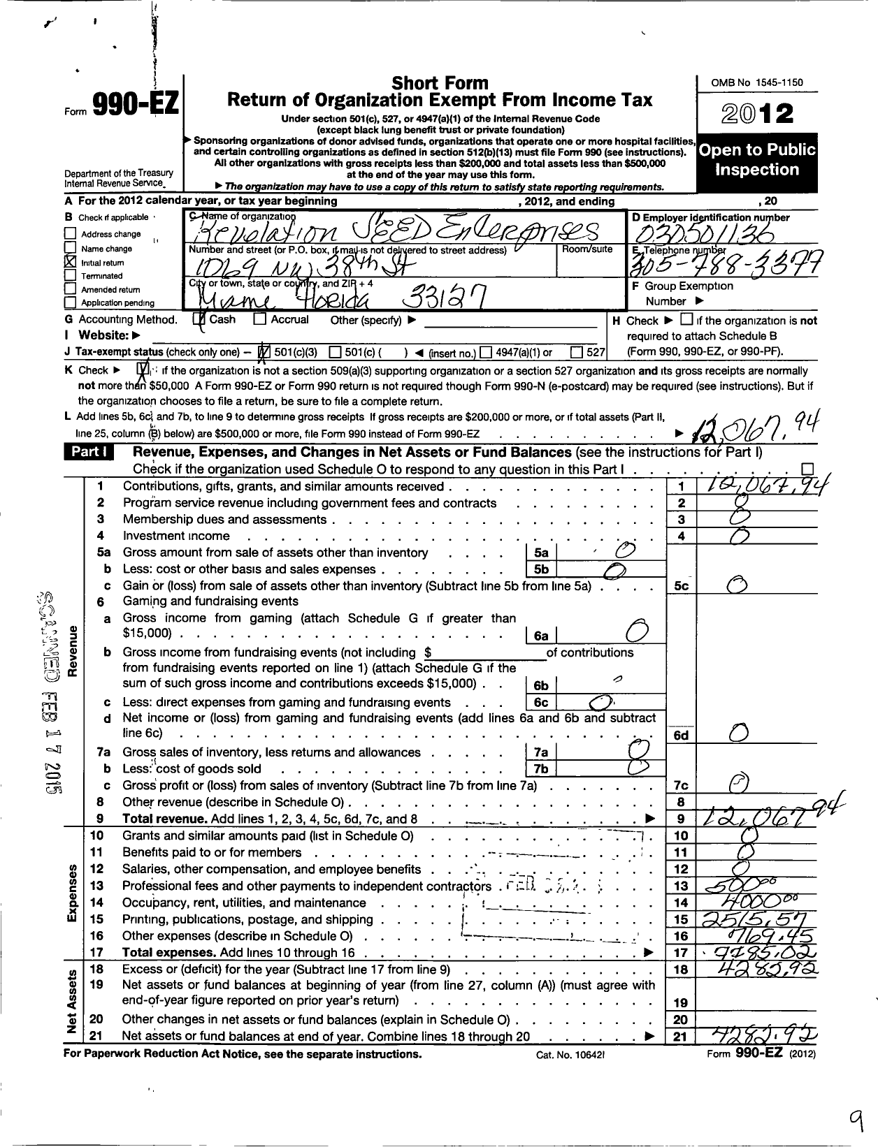 Image of first page of 2012 Form 990EZ for Revelation S E E D Enterprises Corporation