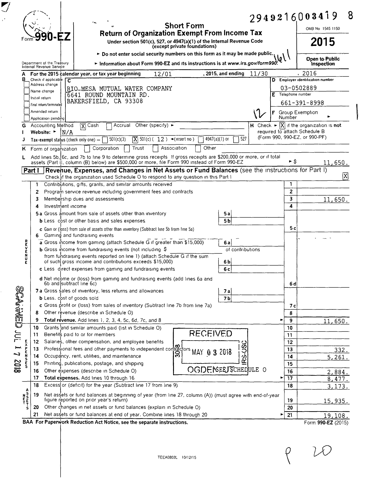 Image of first page of 2015 Form 990EO for Rio Mesa Mutual Water Company