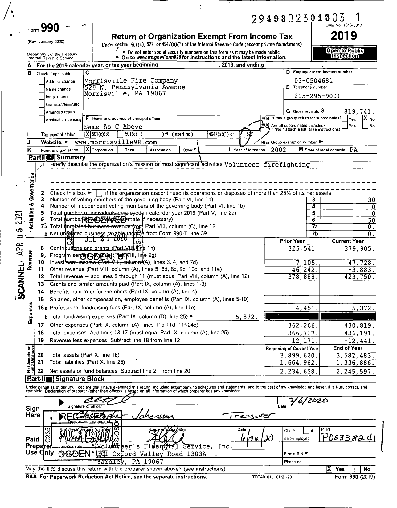 Image of first page of 2019 Form 990 for Morrisville Fire Company