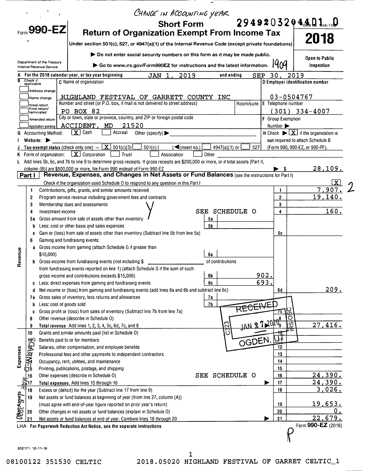 Image of first page of 2018 Form 990EZ for Highland Festival Garrett County