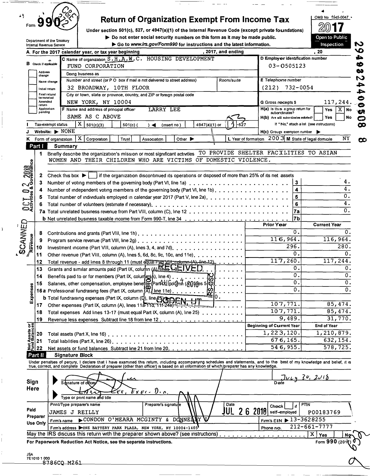 Image of first page of 2017 Form 990 for Shawc Housing Development Fund Corporation