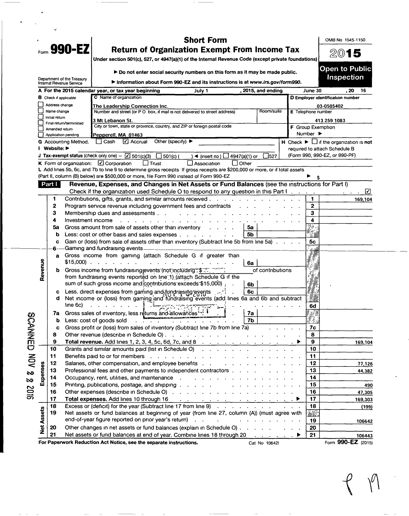 Image of first page of 2015 Form 990EZ for Leadership Connection