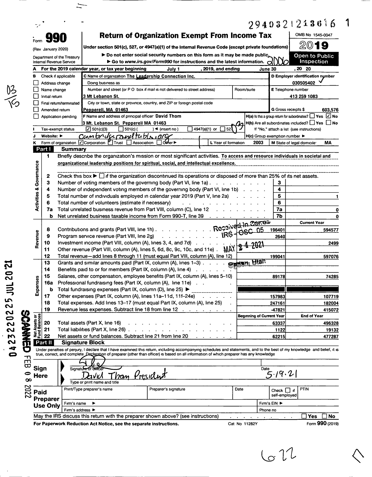 Image of first page of 2019 Form 990 for Leadership Connection