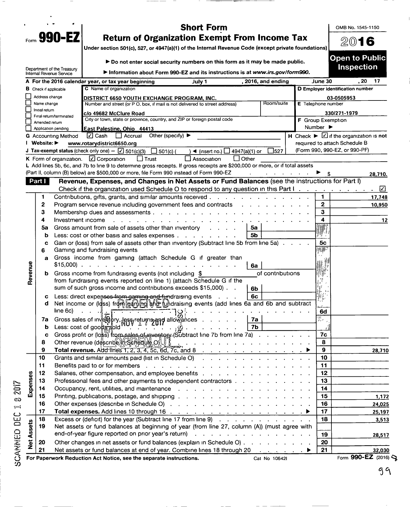 Image of first page of 2016 Form 990EZ for District 6650 Rotary Youth Exchange Program