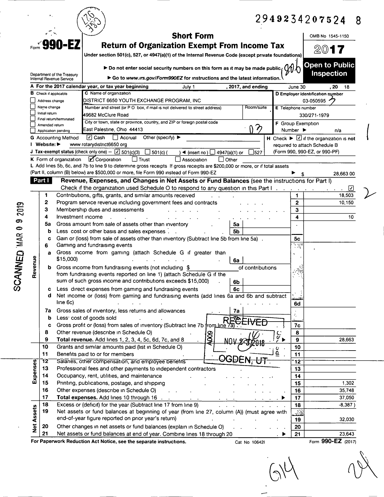 Image of first page of 2017 Form 990EZ for District 6650 Rotary Youth Exchange Program