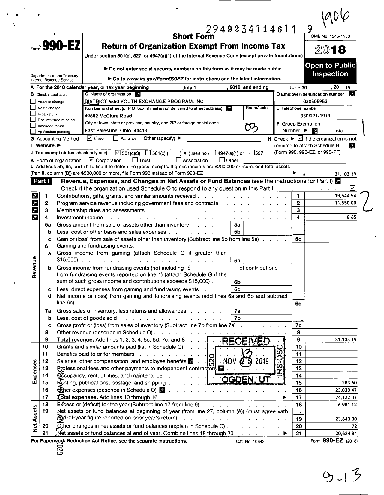 Image of first page of 2018 Form 990EZ for District 6650 Rotary Youth Exchange Program