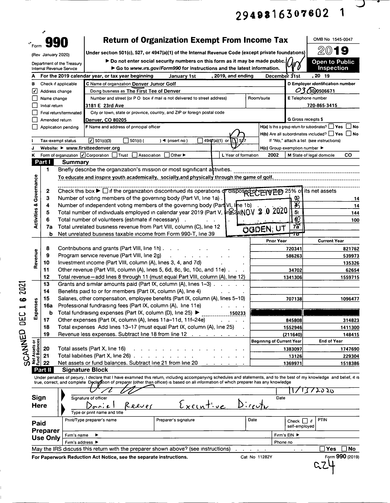 Image of first page of 2019 Form 990 for The First Tee of Denver