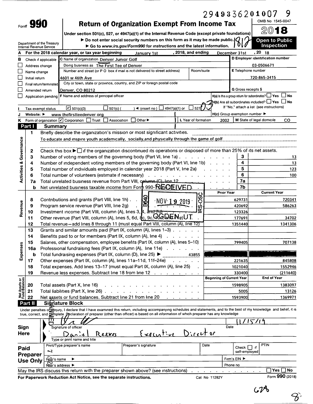 Image of first page of 2018 Form 990 for The First Tee of Denver