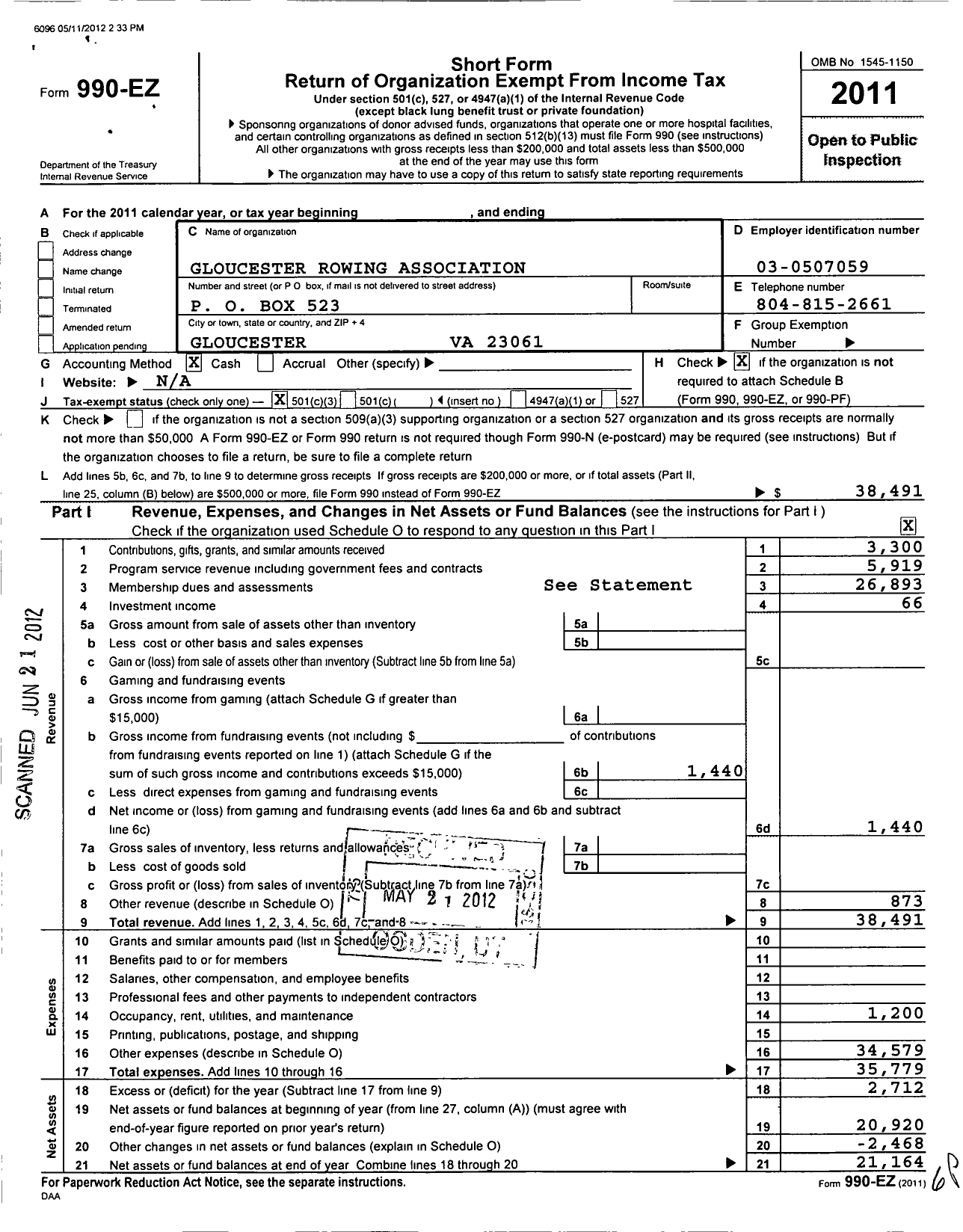 Image of first page of 2011 Form 990EZ for Gloucester Rowing Association