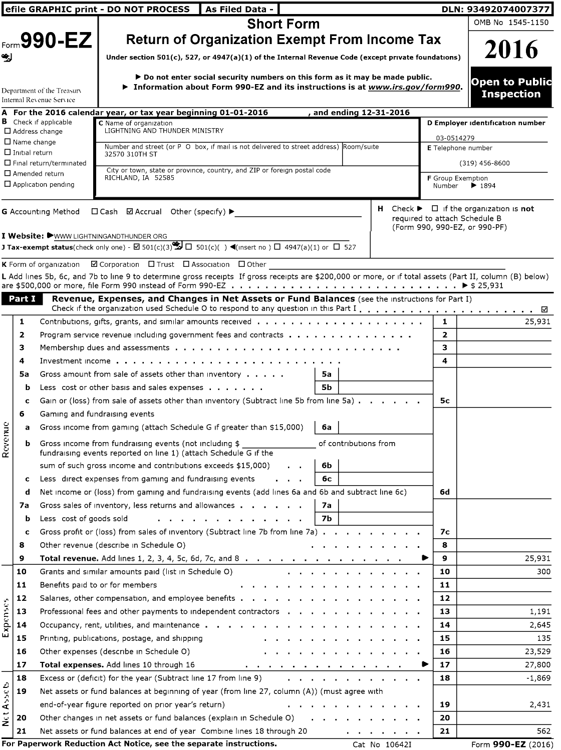 Image of first page of 2016 Form 990EZ for Lightning and Thunder Ministry