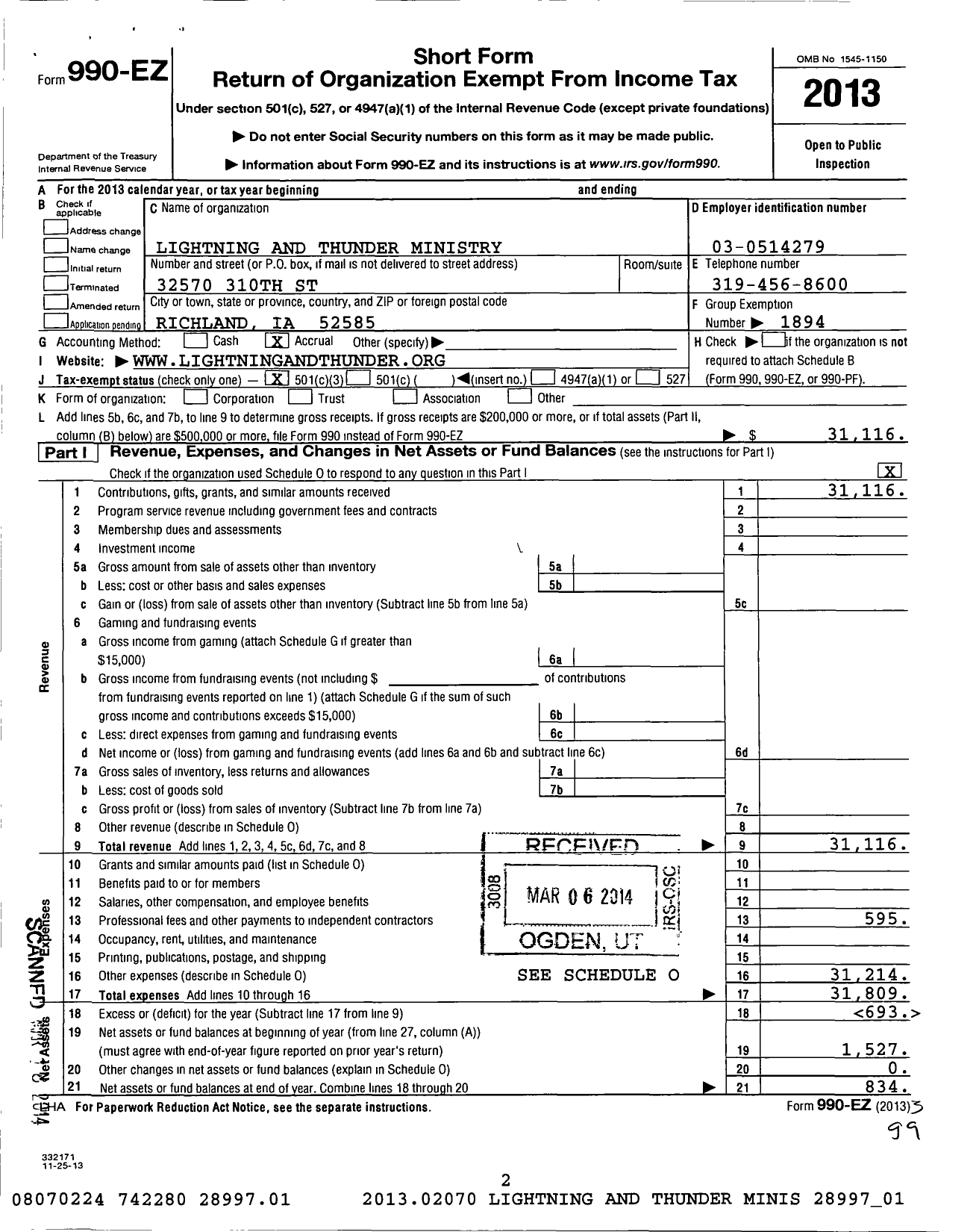 Image of first page of 2013 Form 990EZ for Lightning and Thunder Ministry