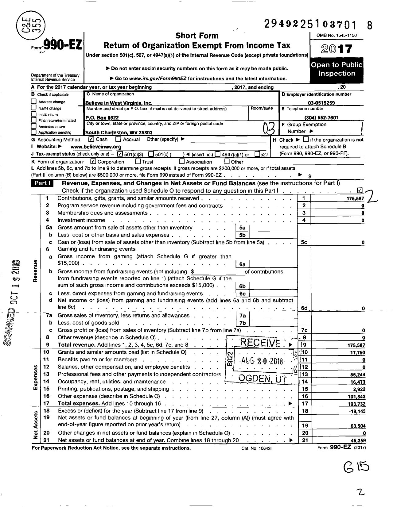 Image of first page of 2017 Form 990EZ for Believe in West Virginia