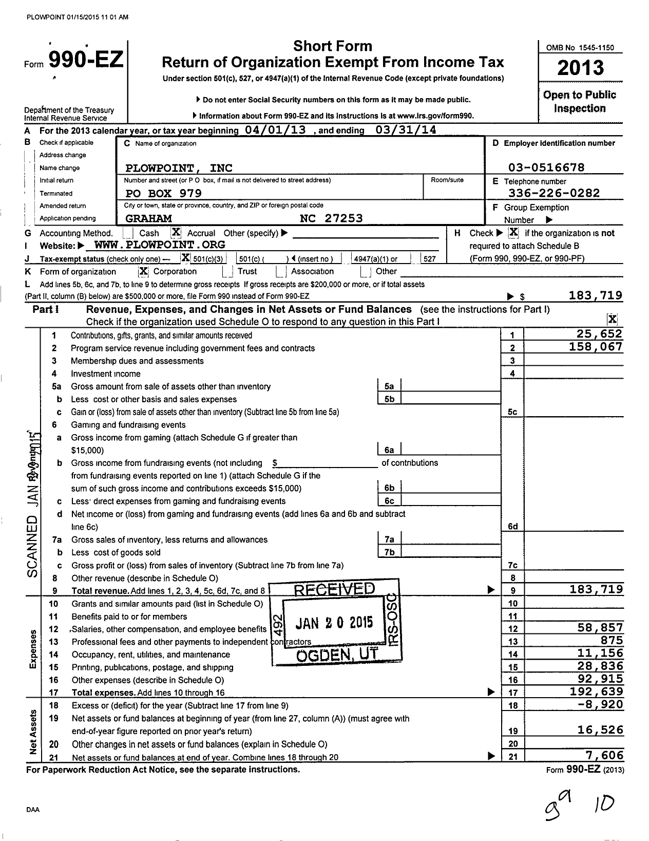 Image of first page of 2013 Form 990EZ for Plowpoint