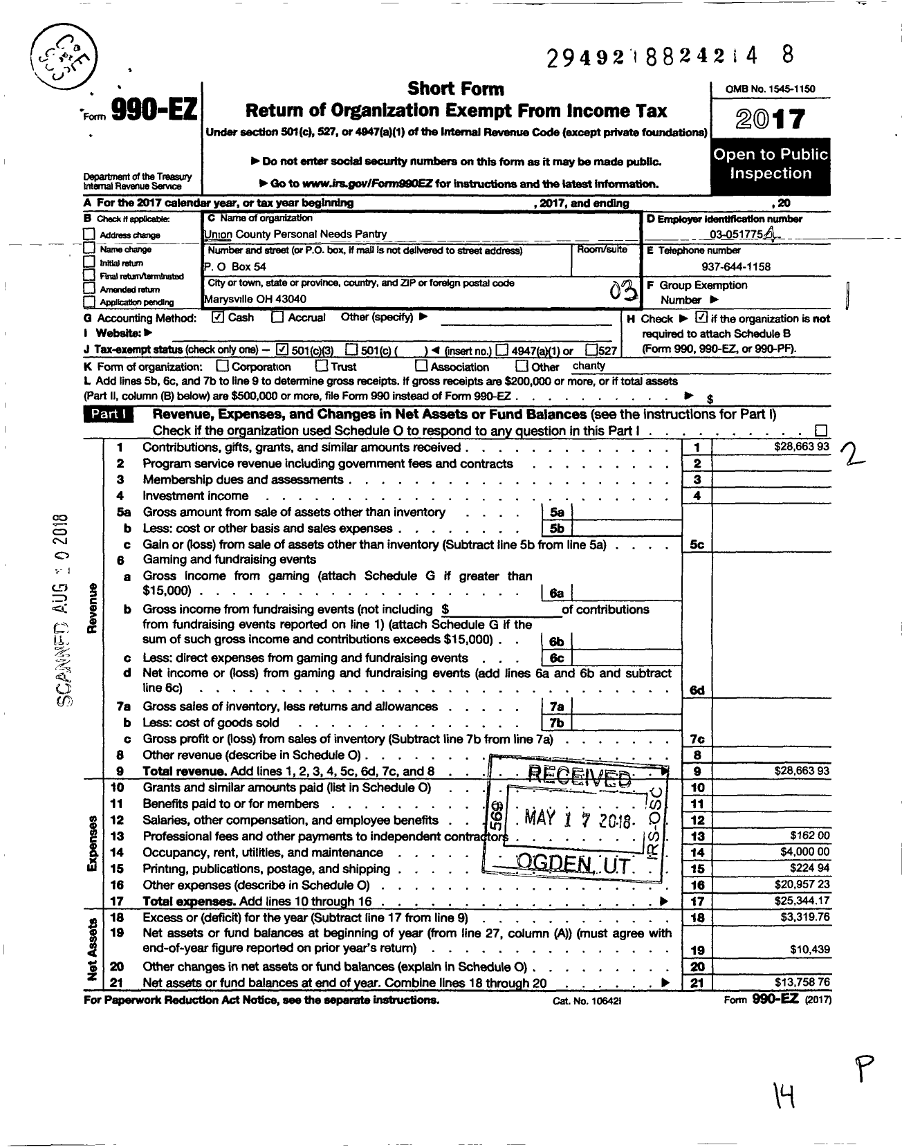 Image of first page of 2017 Form 990EZ for Union County Personal Needs Pantry