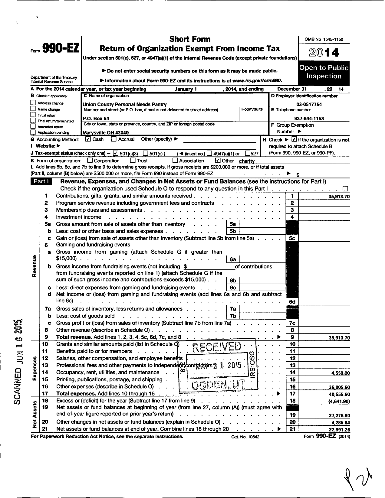 Image of first page of 2014 Form 990EZ for Union County Personal Needs Pantry